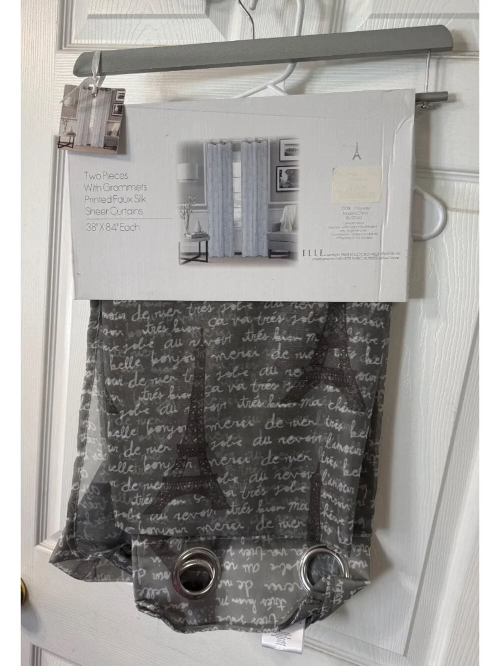 New — ELLE Decor Eiffel Tower Faux Silk Sheer Curtains – 2 Panels – 38” x 84”